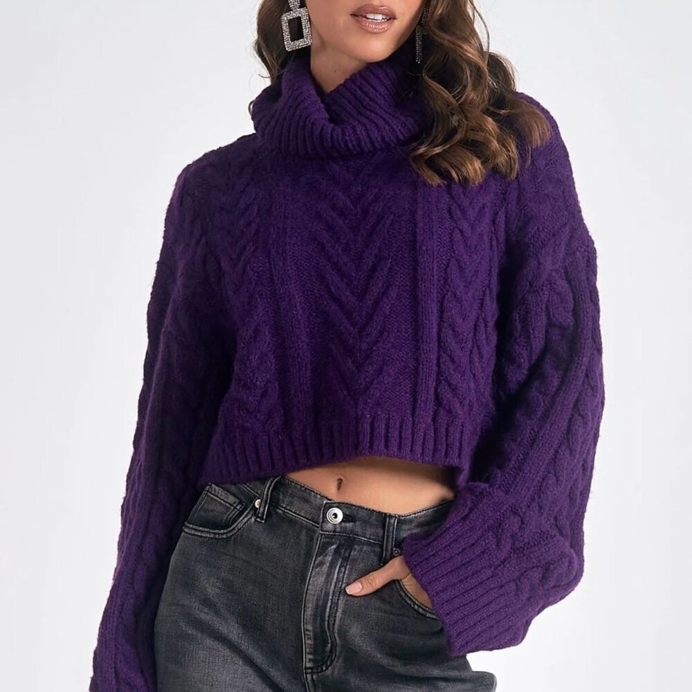 New HM Women Lady Purple Cable-knit Turtleneck Long Sleeves Sweater